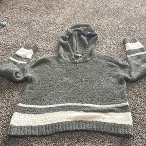 Pink Republic Olive Green Hooded Sweater with Cream Stripes